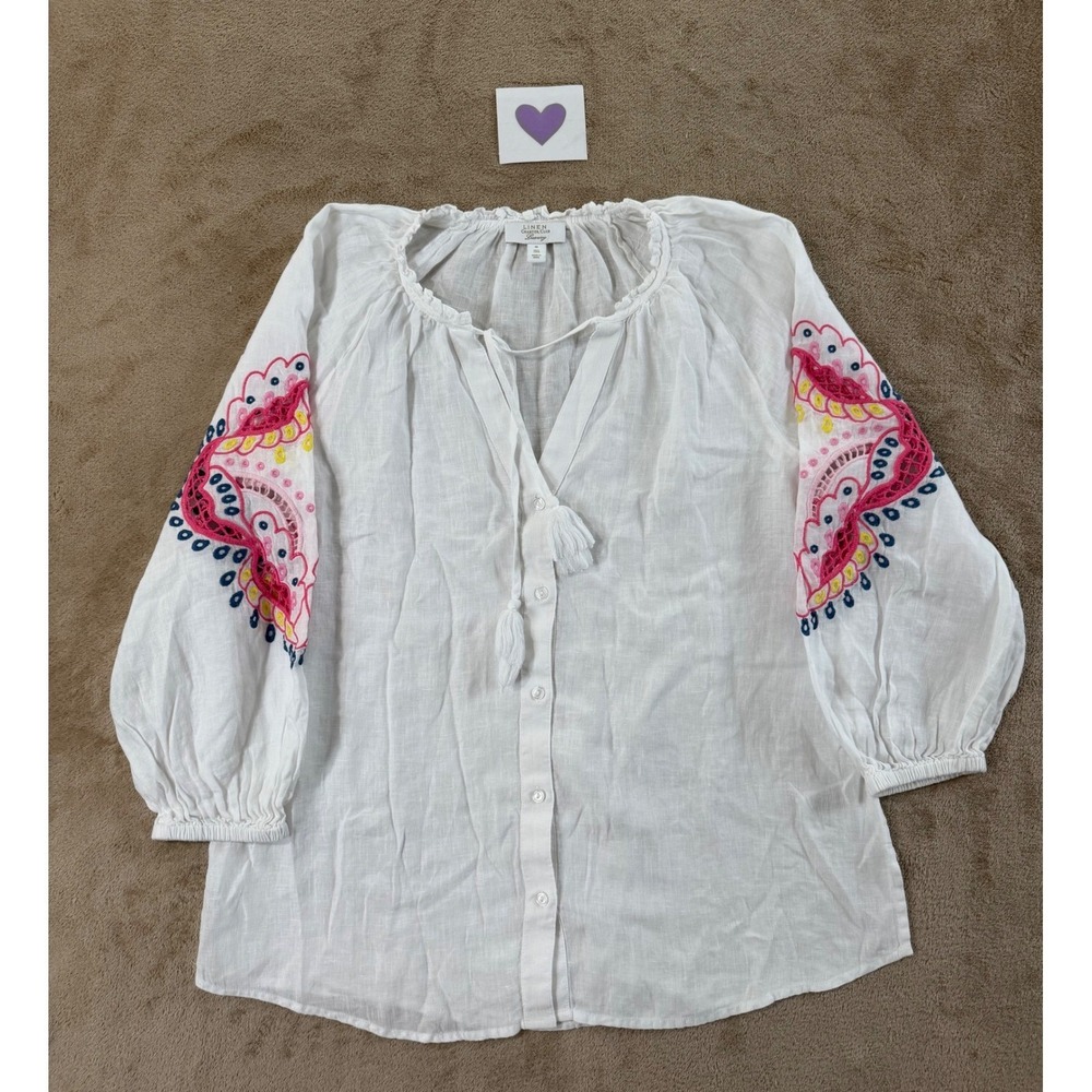 Charter Club Linen Luxury Top Womens M White Embroider Balloon Sleeve Tassel EUC